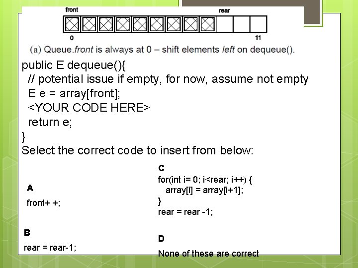 public E dequeue(){ // potential issue if empty, for now, assume not empty E