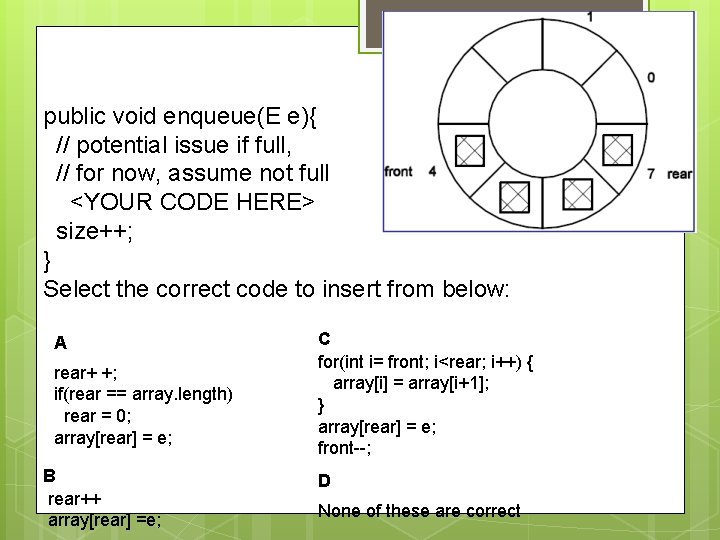 public void enqueue(E e){ // potential issue if full, // for now, assume not