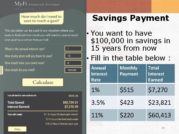 Savings Payment • You want to have $100, 000 in savings in 15 years