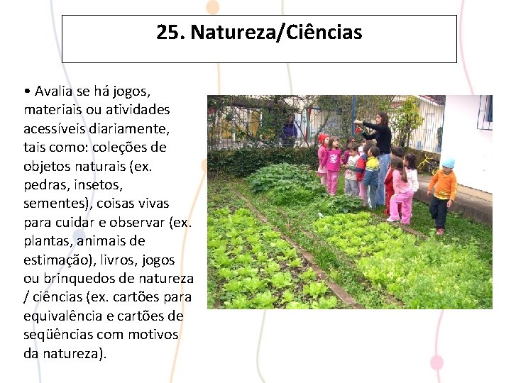 25. Natureza/Ciências • Avalia se há jogos, materiais ou atividades acessíveis diariamente, tais como: