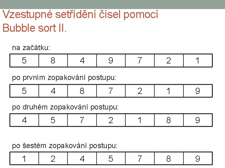 Vzestupné setřídění čísel pomocí Bubble sort II. na začátku: 5 8 4 9 7