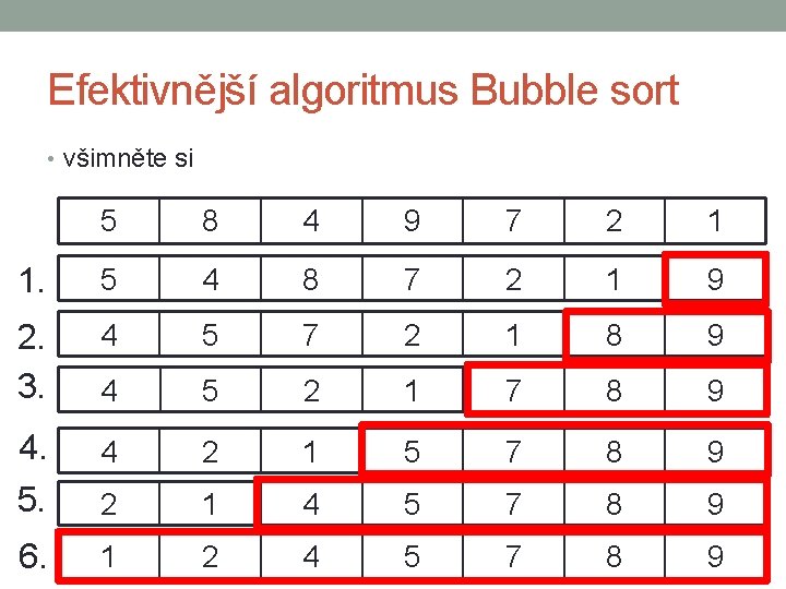 Efektivnější algoritmus Bubble sort • všimněte si 5 8 4 9 7 2 1