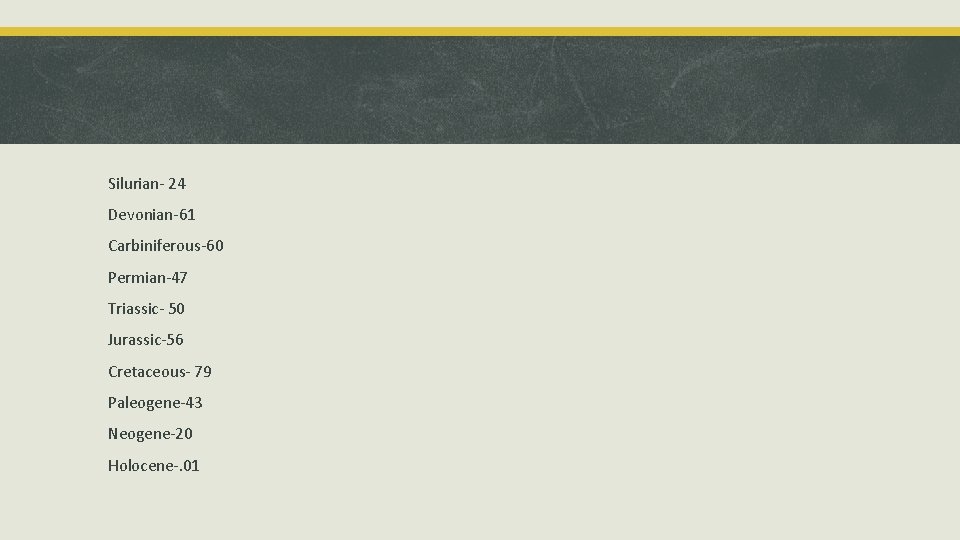 Silurian- 24 Devonian-61 Carbiniferous-60 Permian-47 Triassic- 50 Jurassic-56 Cretaceous- 79 Paleogene-43 Neogene-20 Holocene-. 01