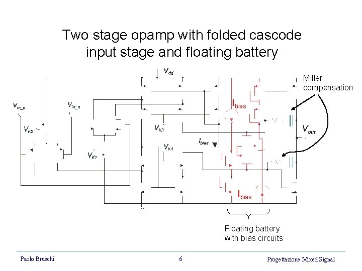 Two stage opamp with folded cascode input stage and floating battery Miller compensation Ibias