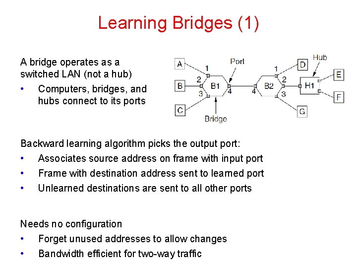 Learning Bridges (1) A bridge operates as a switched LAN (not a hub) •