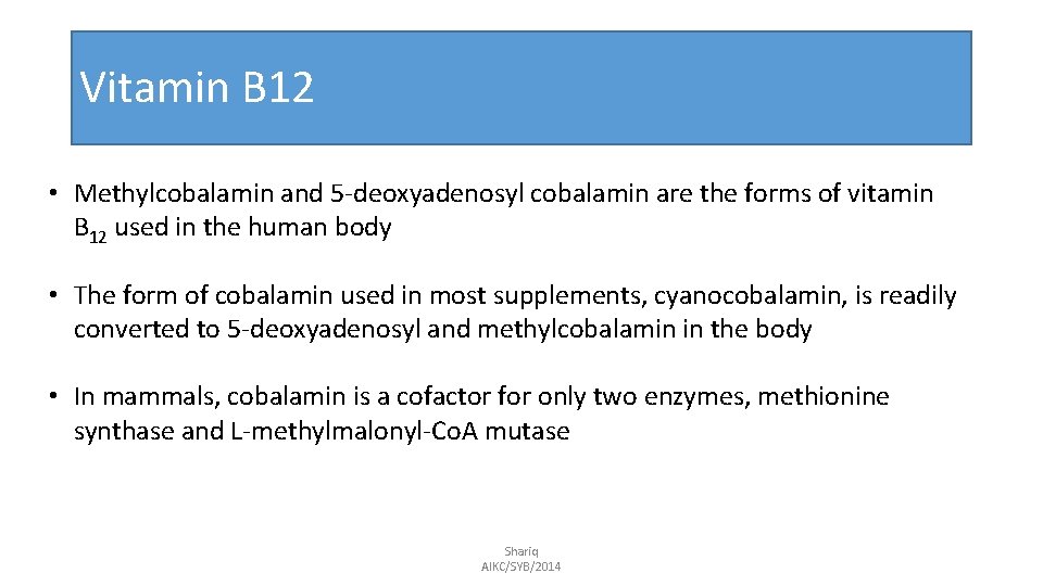 Vitamin B 12 • Methylcobalamin and 5 -deoxyadenosyl cobalamin are the forms of vitamin