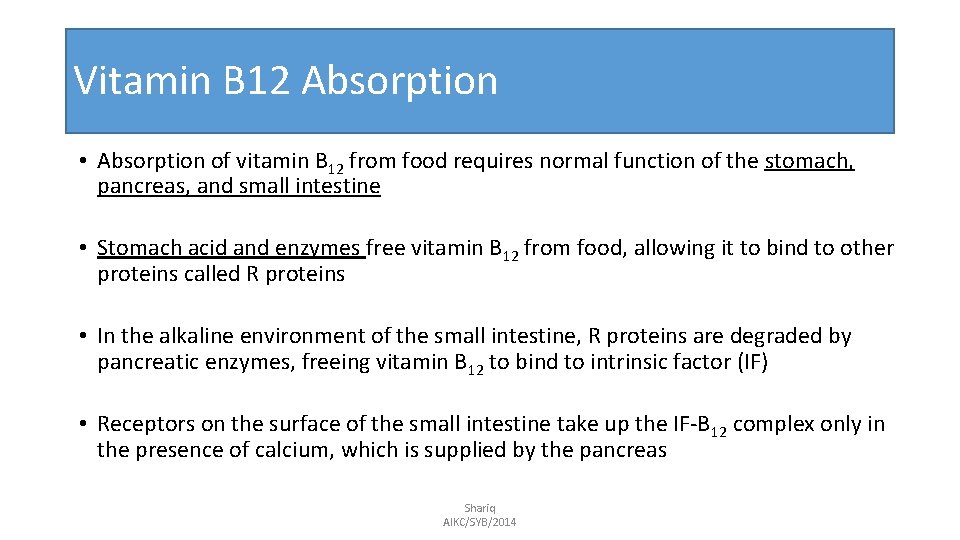Vitamin B 12 Absorption • Absorption of vitamin B 12 from food requires normal