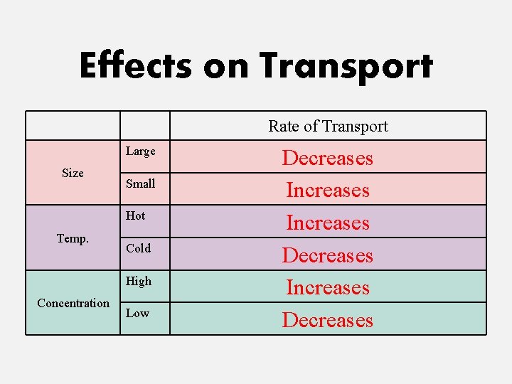 Effects on Transport Rate of Transport Large Size Small Hot Temp. Cold High Concentration