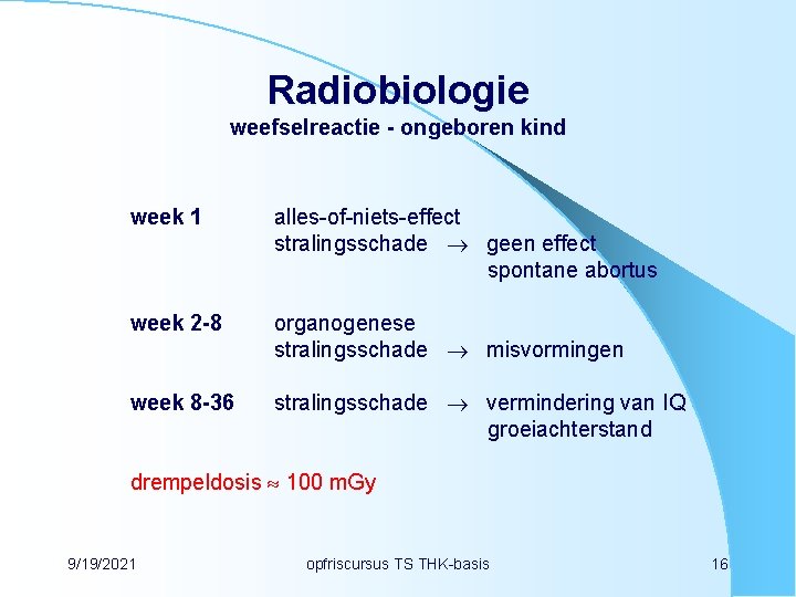 Radiobiologie weefselreactie - ongeboren kind week 1 alles-of-niets-effect stralingsschade geen effect spontane abortus week