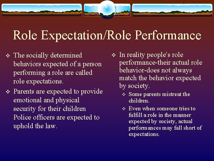 Role Expectation/Role Performance v v The socially determined behaviors expected of a person performing