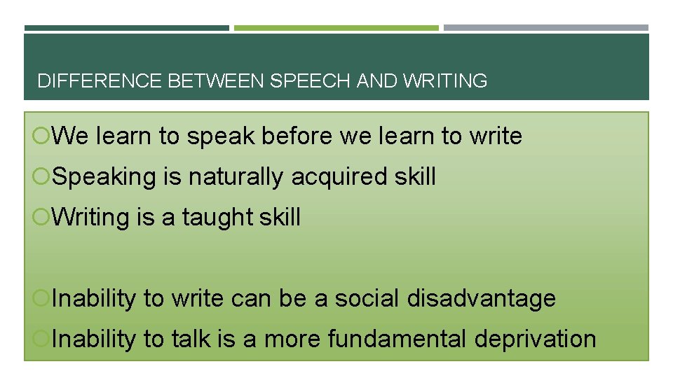 DIFFERENCE BETWEEN SPEECH AND WRITING We learn to speak before we learn to write DIFFERENCE BETWEEN SPEECH AND WRITING We learn to speak before we learn to write