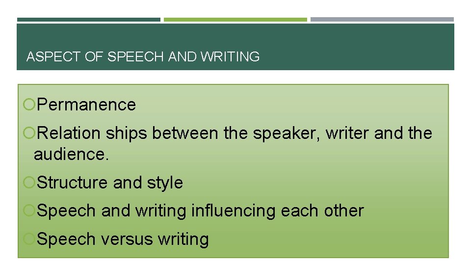 ASPECT OF SPEECH AND WRITING Permanence Relation ships between the speaker, writer and the ASPECT OF SPEECH AND WRITING Permanence Relation ships between the speaker, writer and the