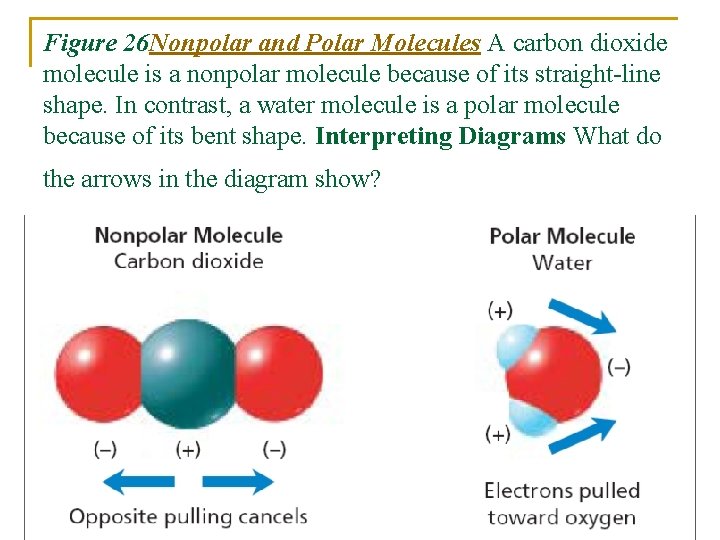 Figure 26 Nonpolar and Polar Molecules A carbon dioxide molecule is a nonpolar molecule