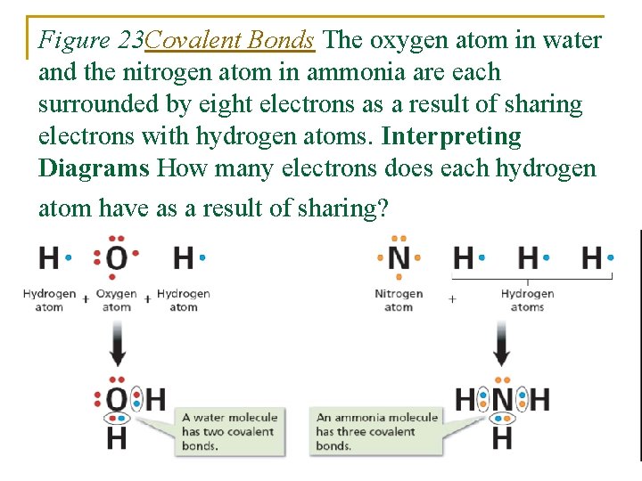 Figure 23 Covalent Bonds The oxygen atom in water and the nitrogen atom in