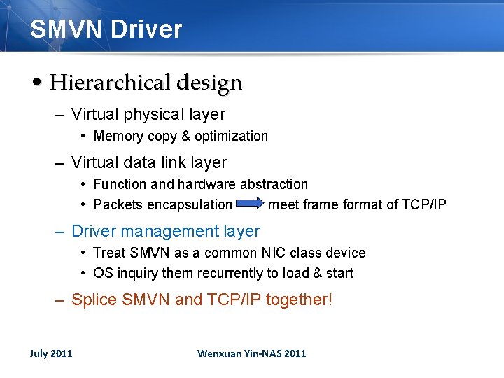 SMVN Driver • Hierarchical design – Virtual physical layer • Memory copy & optimization