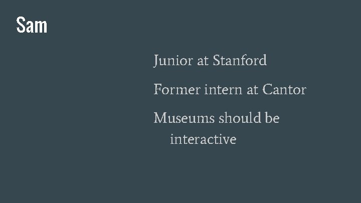 Sam Junior at Stanford Former intern at Cantor Museums should be interactive 