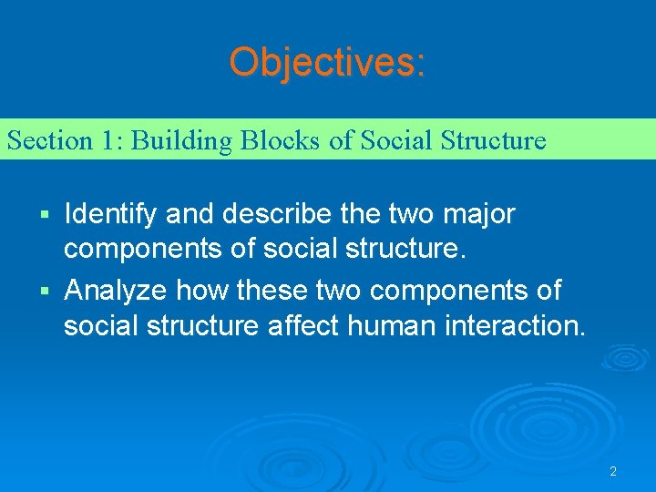 Objectives: Section 1: Building Blocks of Social Structure Identify and describe the two major Objectives: Section 1: Building Blocks of Social Structure Identify and describe the two major