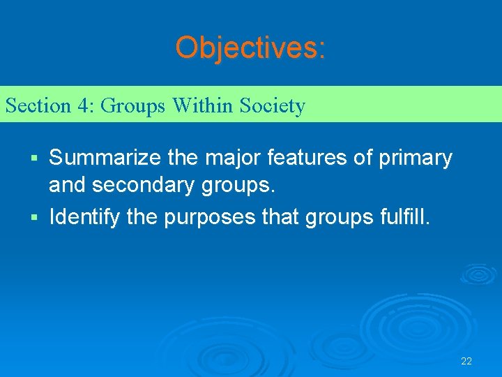Objectives: Section 4: Groups Within Society Summarize the major features of primary and secondary Objectives: Section 4: Groups Within Society Summarize the major features of primary and secondary