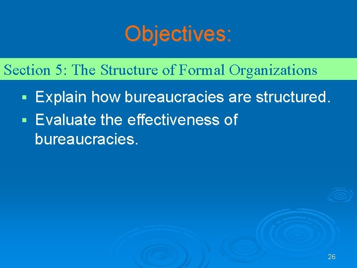 Objectives: Section 5: The Structure of Formal Organizations Explain how bureaucracies are structured. § Objectives: Section 5: The Structure of Formal Organizations Explain how bureaucracies are structured. §