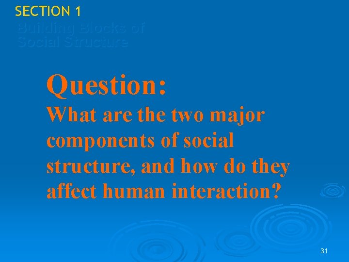SECTION 1 Building Blocks of Social Structure Question: What are the two major components SECTION 1 Building Blocks of Social Structure Question: What are the two major components