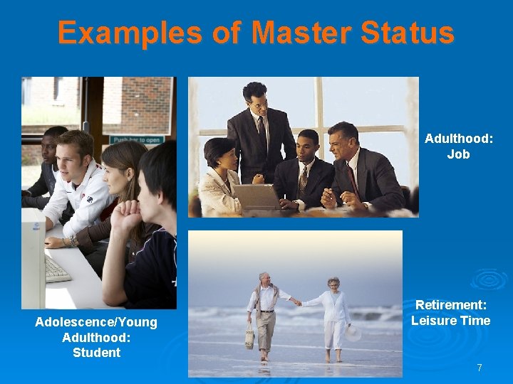 Examples of Master Status Adulthood: Job Adolescence/Young Adulthood: Student Retirement: Leisure Time 7  Examples of Master Status Adulthood: Job Adolescence/Young Adulthood: Student Retirement: Leisure Time 7