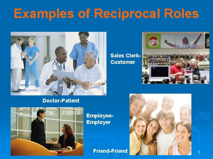 Examples of Reciprocal Roles Sales Clerk. Customer Doctor-Patient Employee. Employer Friend-Friend 9  Examples of Reciprocal Roles Sales Clerk. Customer Doctor-Patient Employee. Employer Friend-Friend 9
