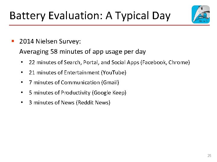 Battery Evaluation: A Typical Day § 2014 Nielsen Survey: Averaging 58 minutes of app