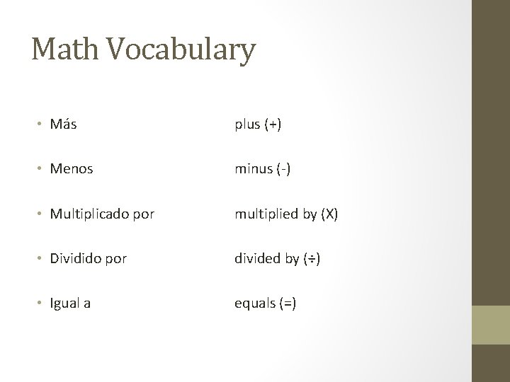 Math Vocabulary • Más plus (+) • Menos minus (-) • Multiplicado por multiplied