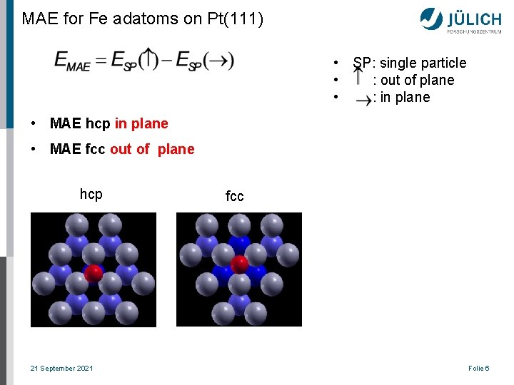 MAE for Fe adatoms on Pt(111) • SP: single particle • : out of