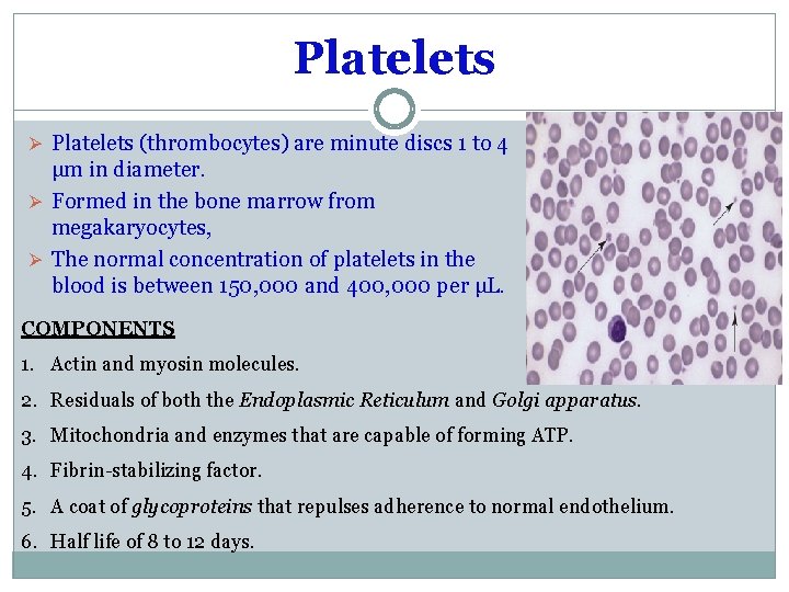 Platelets Ø Platelets (thrombocytes) are minute discs 1 to 4 μm in diameter. Ø