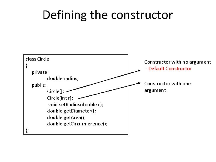 Defining the constructor class Circle { private: double radius; public: Circle(); Circle(int r); void Defining the constructor class Circle { private: double radius; public: Circle(); Circle(int r); void