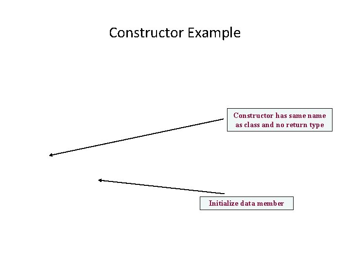 Constructor Example Constructor has same name as class and no return type Initialize data Constructor Example Constructor has same name as class and no return type Initialize data