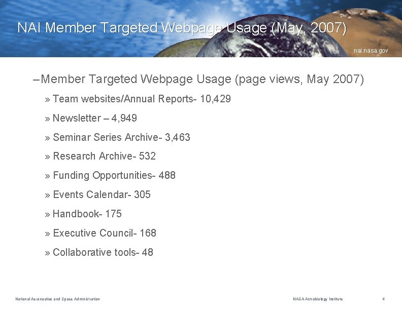 NAI Member Targeted Webpage Usage (May, 2007) nai. nasa. gov – Member Targeted Webpage
