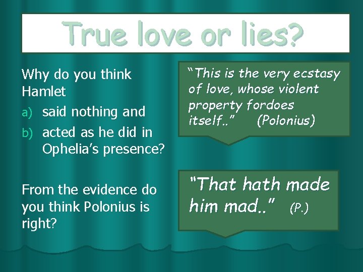 True love or lies? Why do you think Hamlet a) said nothing and b)