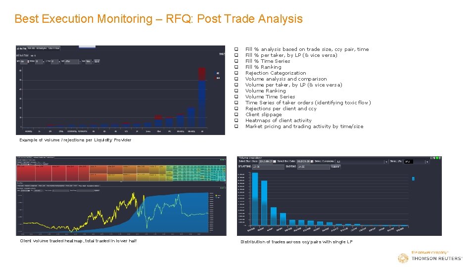 Best Execution Monitoring – RFQ: Post Trade Analysis q q q q Fill %