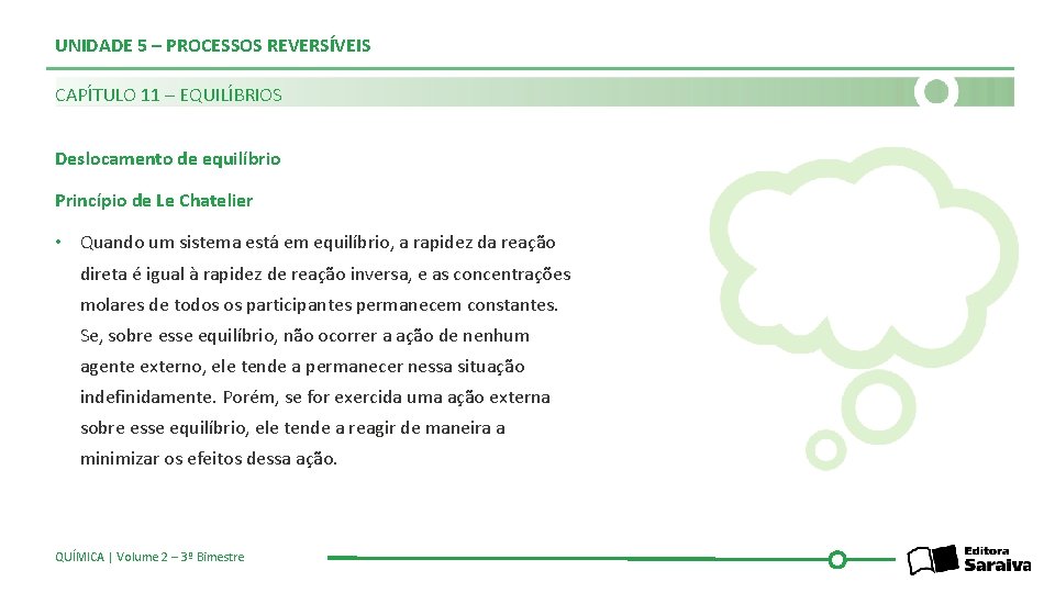 UNIDADE 5 – PROCESSOS REVERSÍVEIS CAPÍTULO 11 – EQUILÍBRIOS Deslocamento de equilíbrio Princípio de