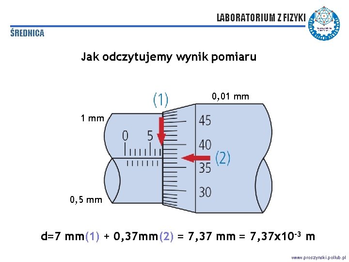 LABORATORIUM Z FIZYKI ŚREDNICA Jak odczytujemy wynik pomiaru 0, 01 mm 0, 5 mm