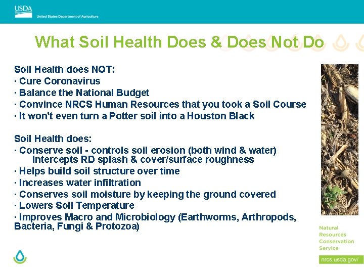 What Soil Health Does & Does Not Do Soil Health does NOT: ∙ Cure