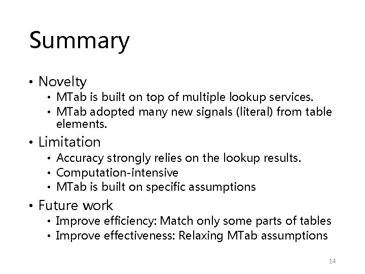 Summary • Novelty • MTab is built on top of multiple lookup services. • Summary • Novelty • MTab is built on top of multiple lookup services. •