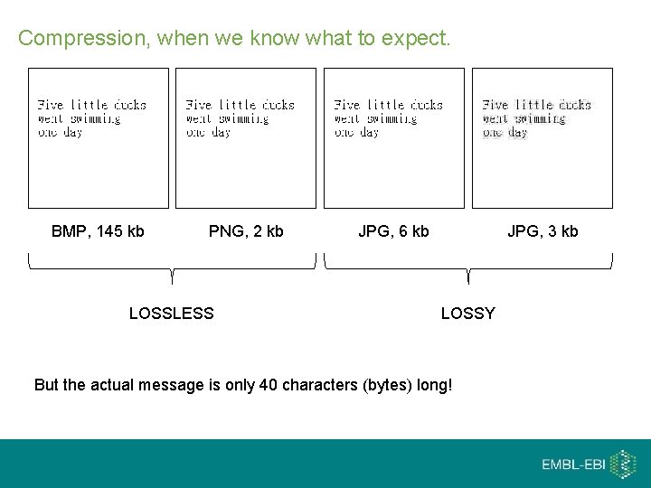 Compression, when we know what to expect. BMP, 145 kb PNG, 2 kb LOSSLESS