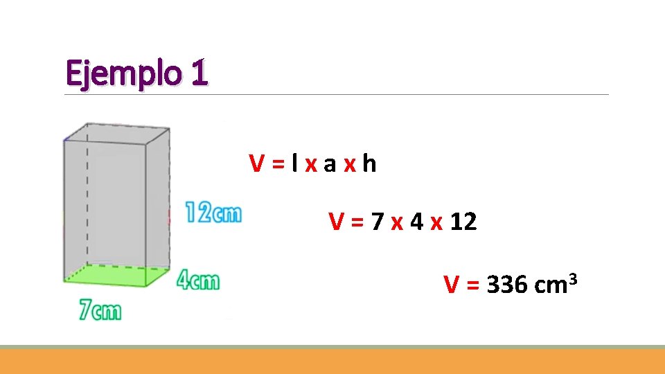 Ejemplo 1 V=lxaxh V = 7 x 4 x 12 V = 336 cm