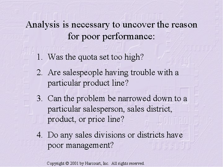 Analysis is necessary to uncover the reason for poor performance: 1. Was the quota