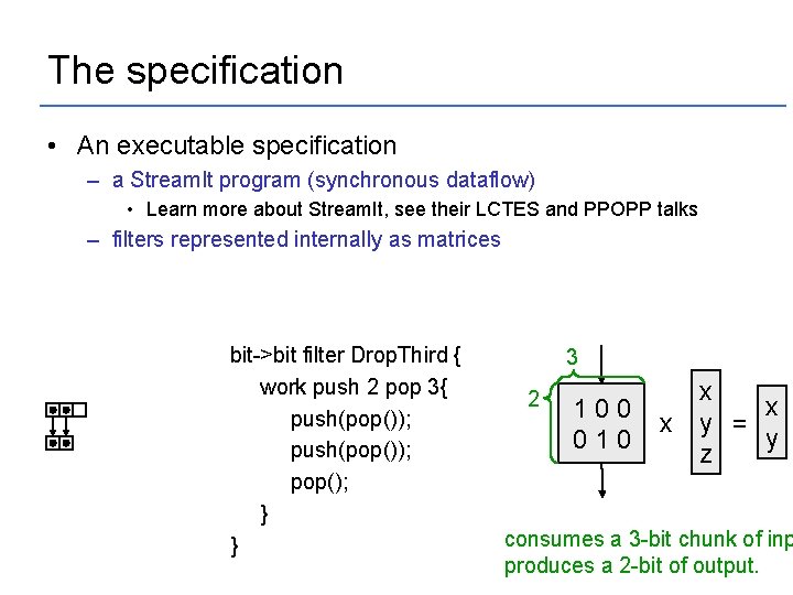 The specification • An executable specification – a Stream. It program (synchronous dataflow) •