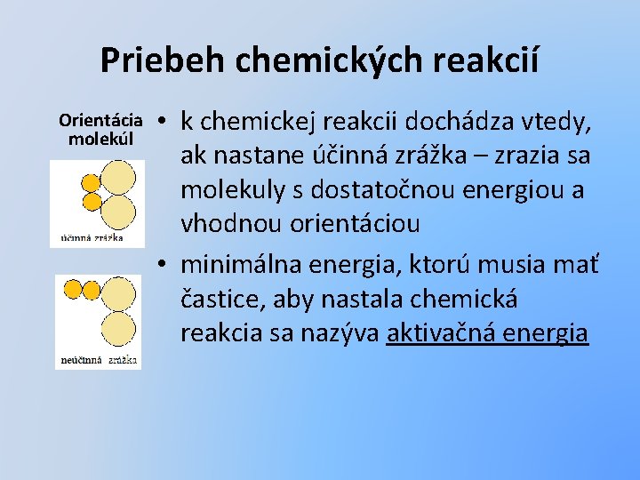 Priebeh chemických reakcií Orientácia molekúl • k chemickej reakcii dochádza vtedy, ak nastane účinná