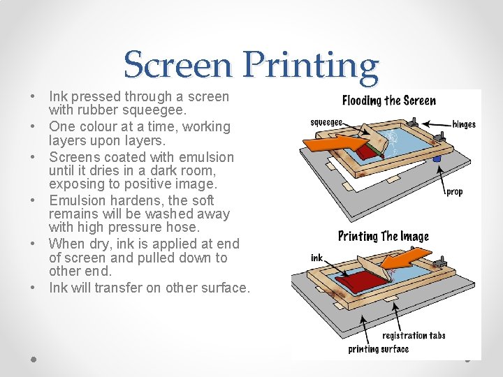 Screen Printing • Ink pressed through a screen with rubber squeegee. • One colour
