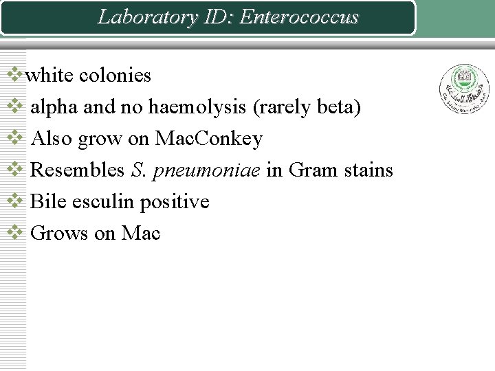 Laboratory ID: Enterococcus vwhite colonies v alpha and no haemolysis (rarely beta) v Also