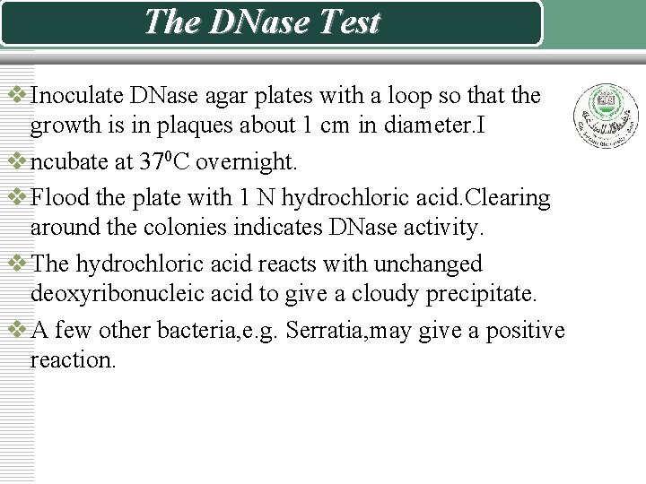 The DNase Test v Inoculate DNase agar plates with a loop so that the