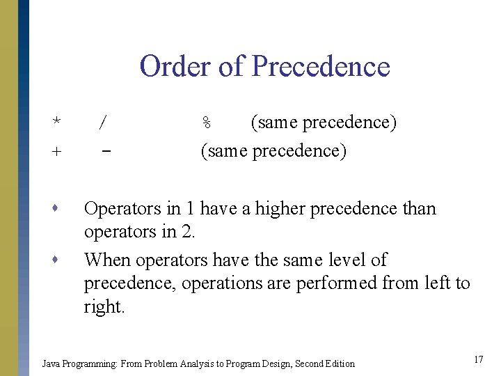 Order of Precedence * + s s / - % (same precedence) Operators in Order of Precedence * + s s / - % (same precedence) Operators in