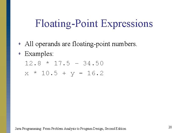 Floating-Point Expressions s All operands are floating-point numbers. s Examples: 12. 8 * 17. Floating-Point Expressions s All operands are floating-point numbers. s Examples: 12. 8 * 17.