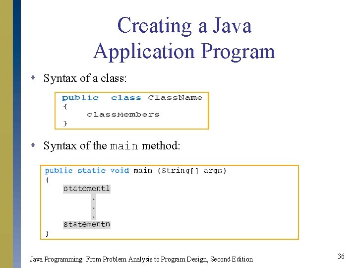 Creating a Java Application Program s Syntax of a class: s Syntax of the